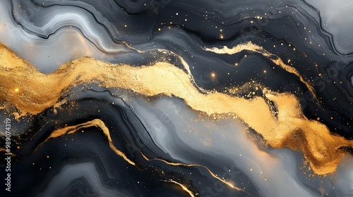 Abstract Art with Black, White, and Gold Swirls