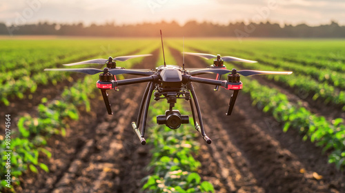 A drone hovers over a lush green field during sunset, capturing agricultural data for precision farming.