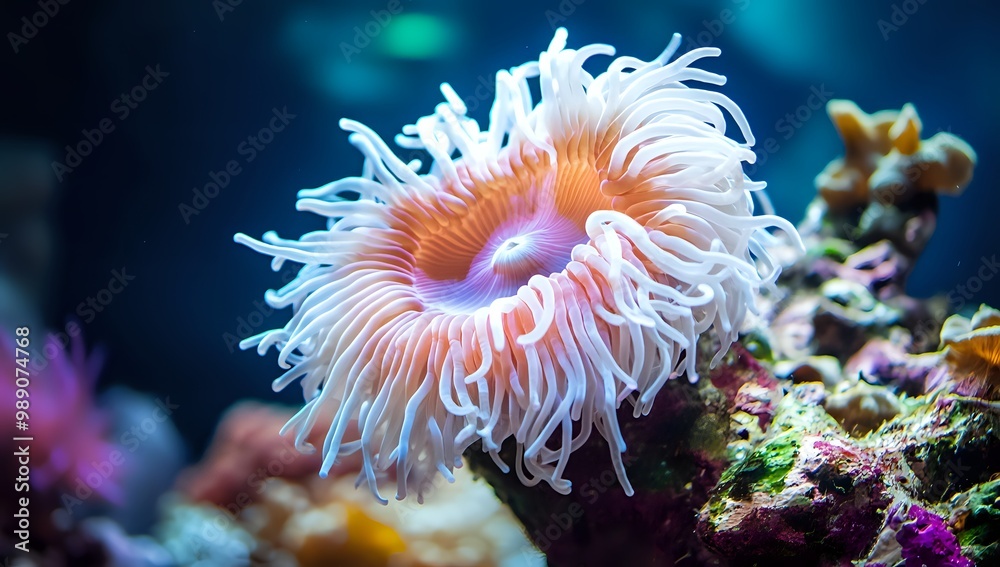 Anemone with white tentacles and an orange center, underwater, close up.