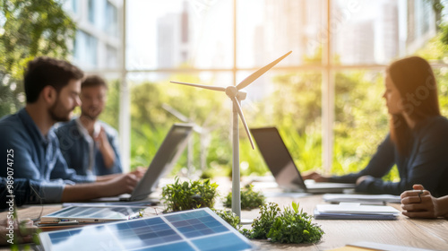 A business meeting in progress with renewable energy experts advising on climate action strategies