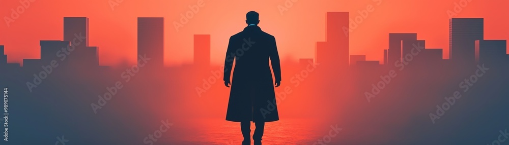A solitary figure stands against a vibrant sunset skyline, symbolizing reflection, solitude, and urban life. A solitary figure stands against a vibrant sunset skyline, symbolizing reflection, solitude, and urban life.