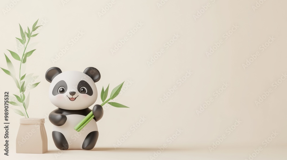 Cute Panda with Bamboo on Soft Neutral Background Cute Panda with Bamboo on Soft Neutral Background