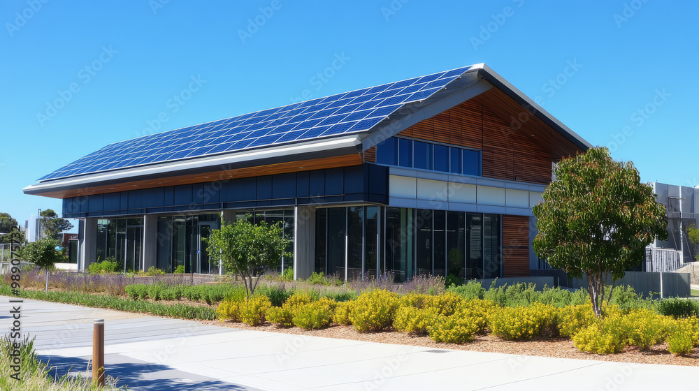A company office with solar panels on the rooftop, symbolizing commitment to renewable energy