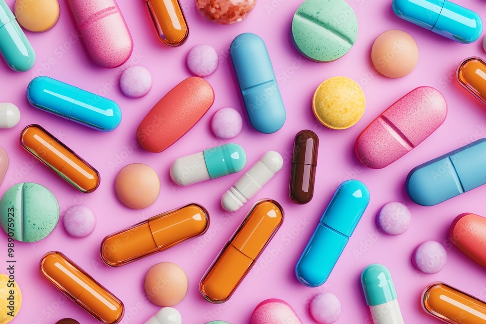 A vibrant array of colorful capsules and tablets scattered across a soft pink background, showcasing various shapes and sizes. A vibrant array of colorful capsules and tablets scattered across a soft pink background, showcasing various shapes and sizes.