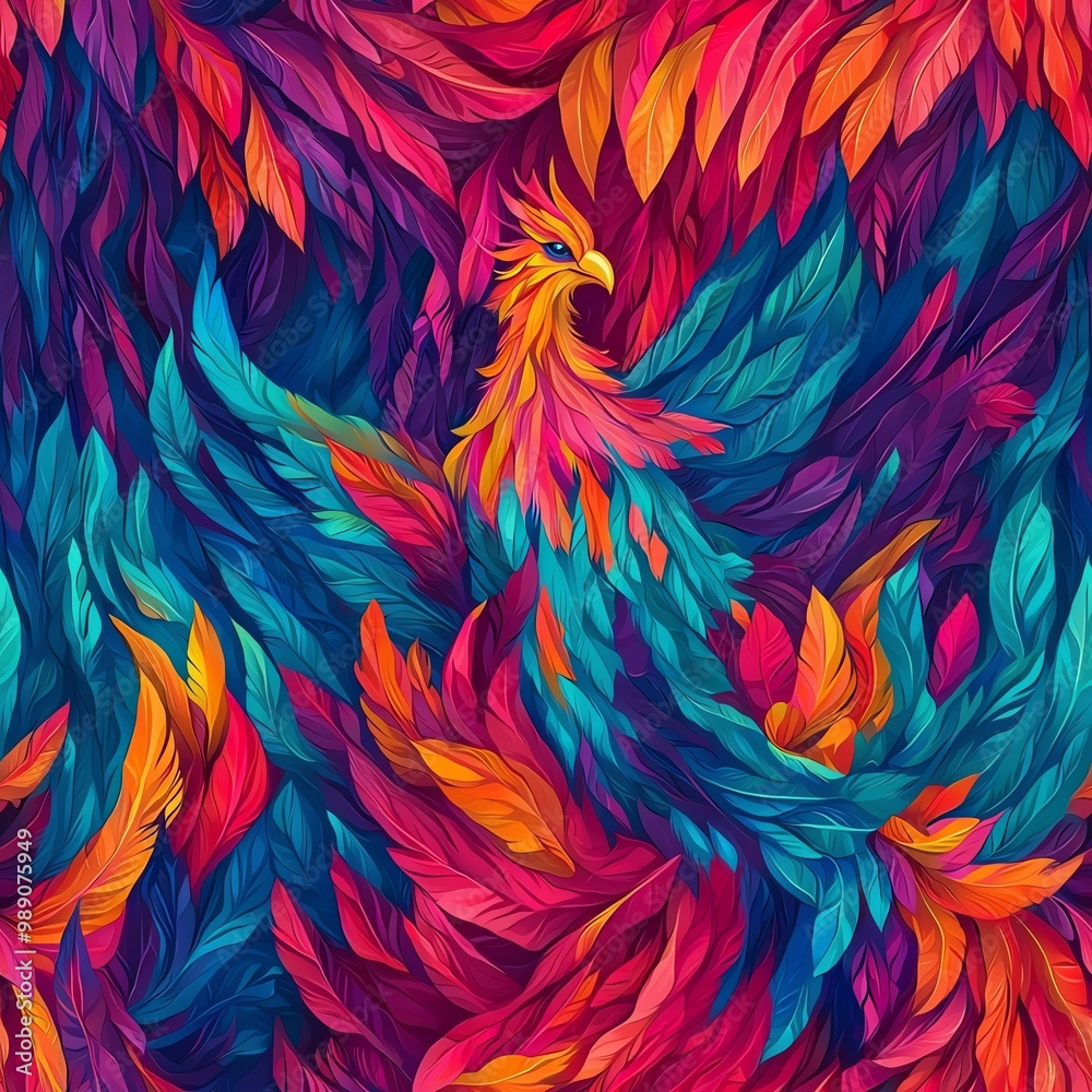 A vibrant, artistic representation of a phoenix adorned with colorful, swirling feathers and rich textures, symbolizing rebirth. A vibrant, artistic representation of a phoenix adorned with colorful, swirling feathers and rich textures, symbolizing rebirth.