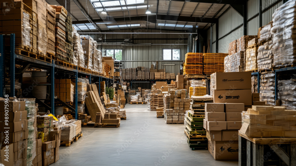A company warehouse showcasing products made entirely from upcycled materials, promoting the circular economy A company warehouse showcasing products made entirely from upcycled materials, promoting the circular economy
