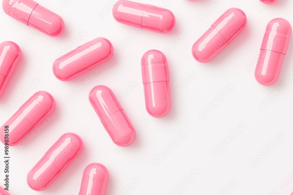 A vibrant collection of pink capsules scattered on a white background, ideal for wellness and health-related themes. A vibrant collection of pink capsules scattered on a white background, ideal for wellness and health-related themes.