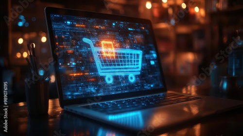 futuristic 3d holographic shopping cart projected from laptop blurred home interior background glowing blue light concept of ecommerce and online shopping evolution