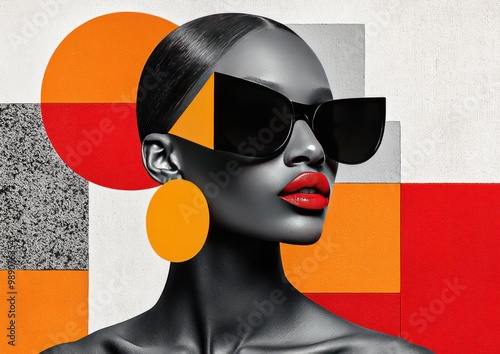A stylized portrait of a woman with dark skin, wearing large sunglasses and vibrant red lipstick, set against a geometric background featuring bold shapes in orange, red, and gray - AI Generated Digit