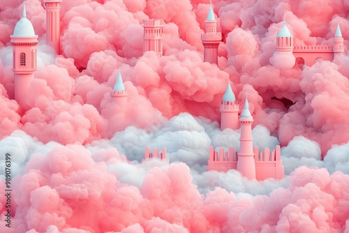 A whimsical landscape featuring pastel castles nestled among fluffy pink clouds, creating a dreamy fantasy setting. photo