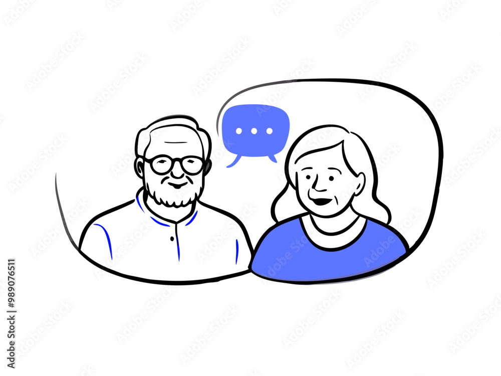 Fototapeta premium Grandma and Grandpa with Speech Bubble, Abstract Blob Background, Family Communication and Generational Bonding Concept Vector Art