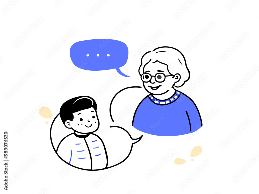 Grandma and Kid with Speech Bubble, Abstract Blob Background, Family Communication and Bonding Concept Vector Art Grandma and Kid with Speech Bubble, Abstract Blob Background, Family Communication and Bonding Concept Vector Art