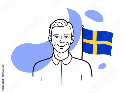 Happy Swedish Man with Swedish Flag Doodle, Abstract Blob Background, National Pride and Celebration Concept Vector Art