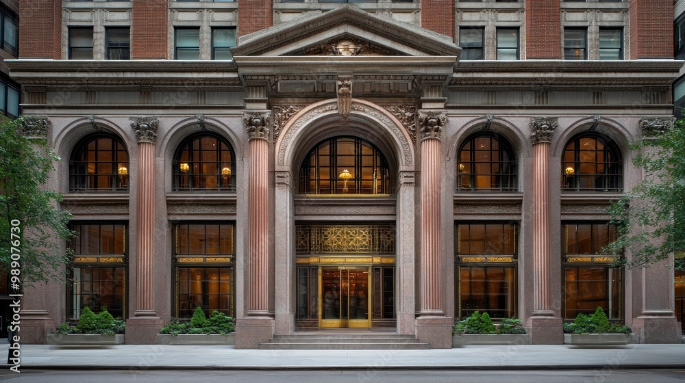 Ornate Stone Facade of a City Building with Arched Windows and a Grand Entrance Ornate Stone Facade of a City Building with Arched Windows and a Grand Entrance