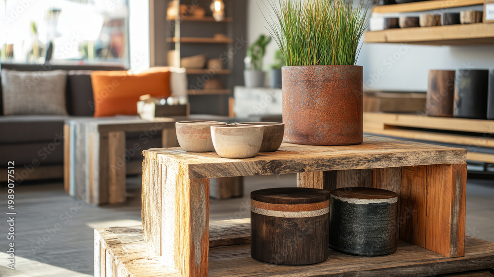 A furniture company displaying pieces made from reclaimed wood, highlighting circular economy design A furniture company displaying pieces made from reclaimed wood, highlighting circular economy design