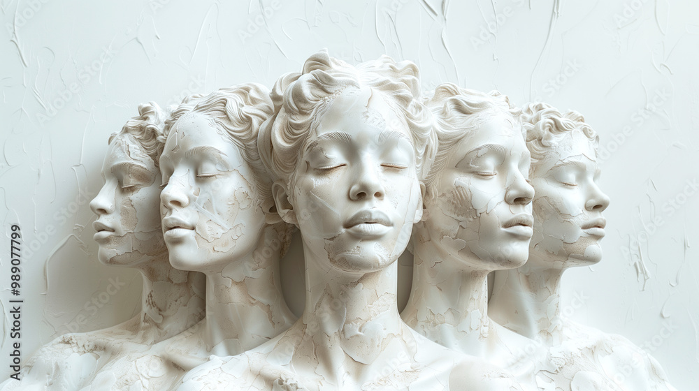 Obraz premium An ensemble of five figures of young women. Roman maidens stucco and beauty in Greek mythology. Fragment of ancient stone statue isolated on white background. 