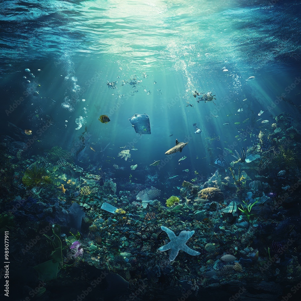 Fototapeta premium Floating Plastic Waste in the Deep Ocean