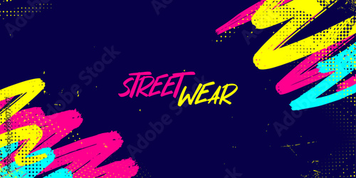 Bold Sport Background with Neon Pink, Blue and Yellow Colors Brush Strokes in a Graffiti Style. Vibrant Sporty Abstract Background with Grunge Texture Design Elements
