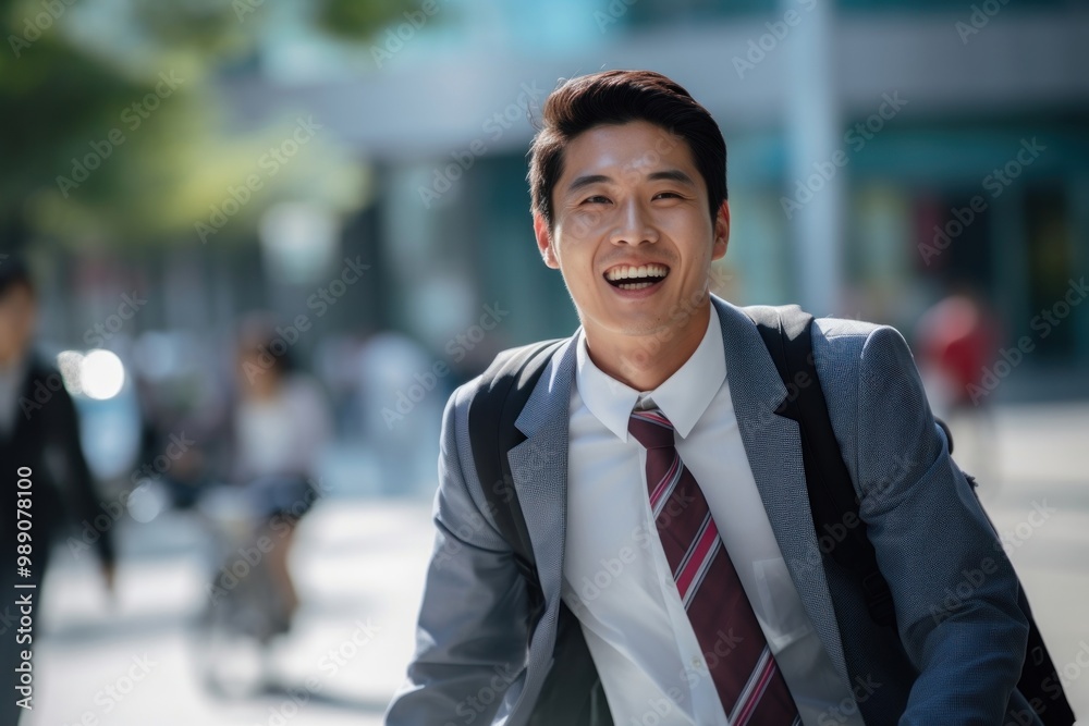 Chinese office worker bicycling smiling street adult.