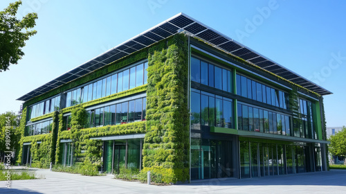 A green office building with solar panels and eco-friendly design elements