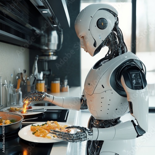 Robot Chef Preparing Gourmet Meal in High-Tech Kitchen photo