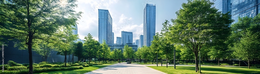 Vibrant Urban Oasis:Lush Tree-Filled City Park with Clear Skies Vibrant Urban Oasis:Lush Tree-Filled City Park with Clear Skies