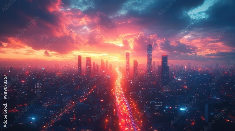 futuristic cityscape at dusk with glowing red and blue light trails mapping out traffic patterns illuminated skyscrapers piercing neonlit sky