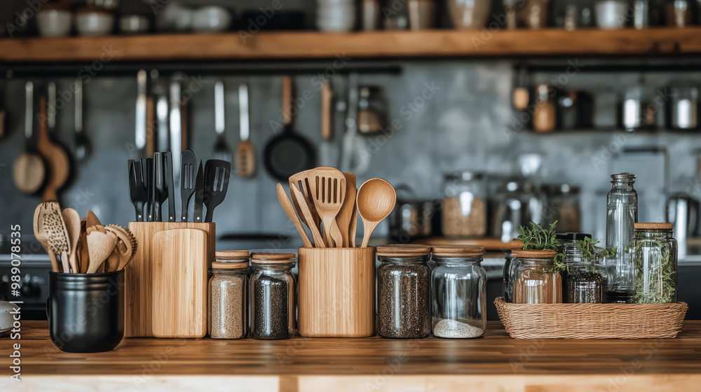 A kitchen filled with eco-friendly utensils and reusable containers, promoting zero waste A kitchen filled with eco-friendly utensils and reusable containers, promoting zero waste