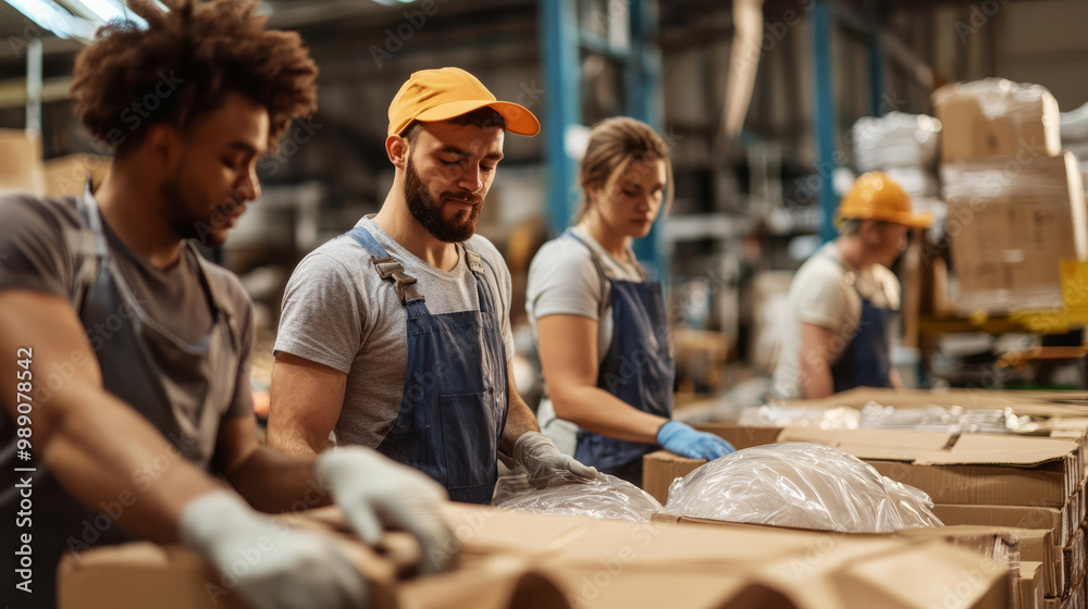 A group of workers using biodegradable materials in a sustainable manufacturing process