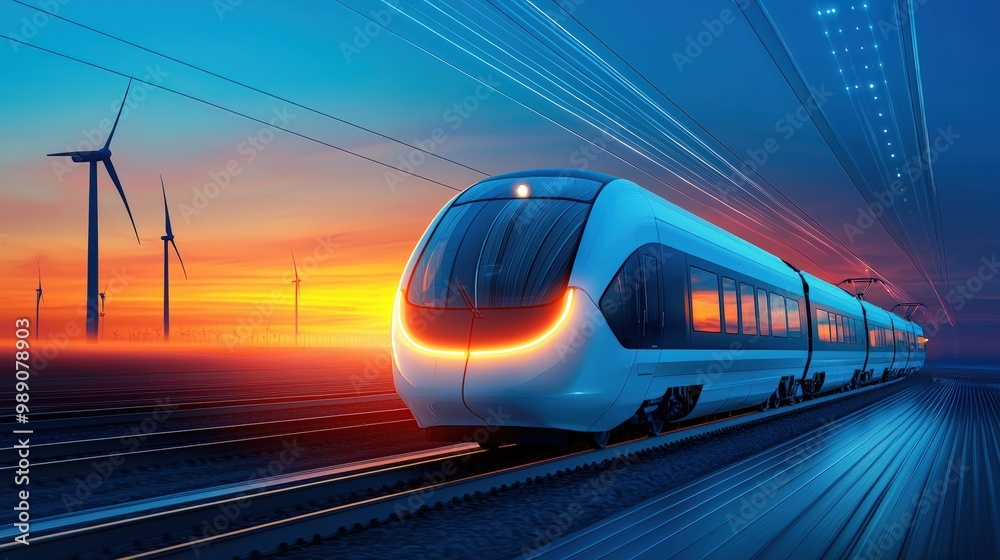 Naklejka premium Modern Train in Motion with Sunset Background