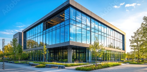 Modern Glass Office Building with Landscaping and Benches