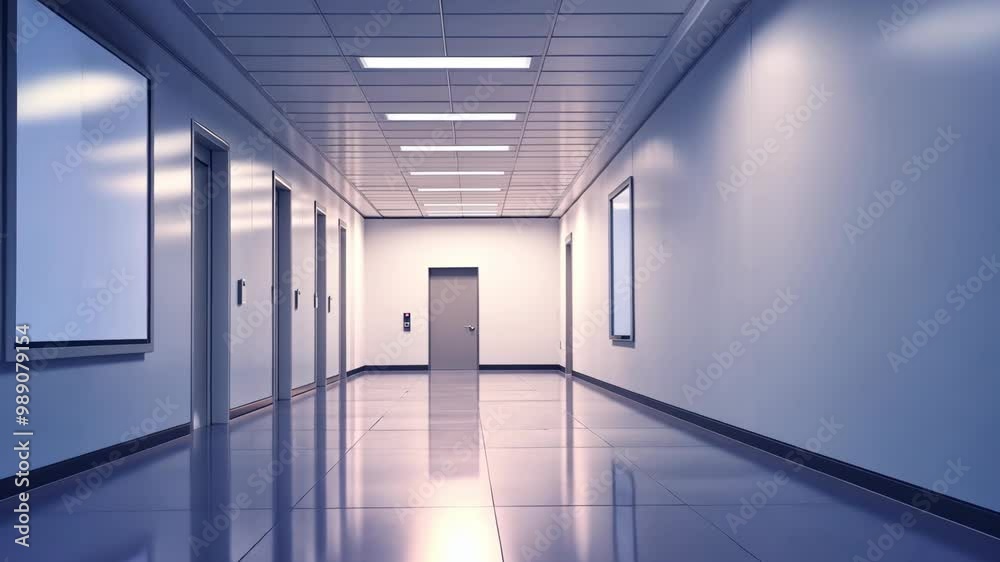 A long, empty hallway in an office building with white walls and a shiny floor A long, empty hallway in an office building with white walls and a shiny floor