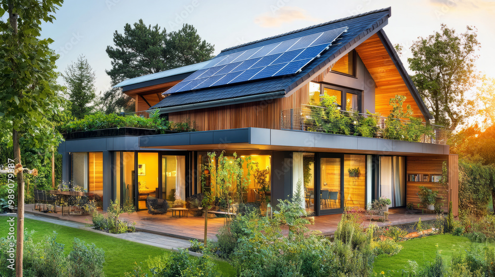 Fototapeta premium A modern home using solar-powered eco-friendly appliances with energy-efficient labels
