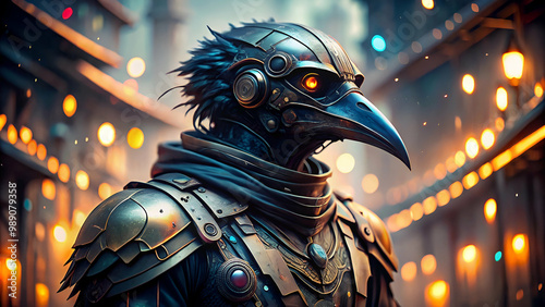 crow wearing futuristic cybernetic battle armour