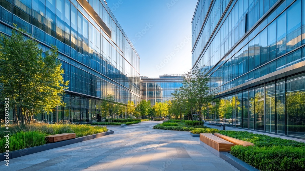 Modern Glass Buildings with Green Landscaping and a Stone Pathway