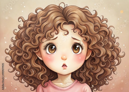 A bashful, rosy-cheeked cartoon girl with curly hair and big brown eyes looks down, her embarrassed expression filling her entire face, surrounded by subtle blush tones.