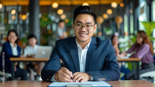 Businessman of Asian descent signing a contract at a modern office desk, surrounded by diverse colleagues, showcasing professional and inclusive business practices