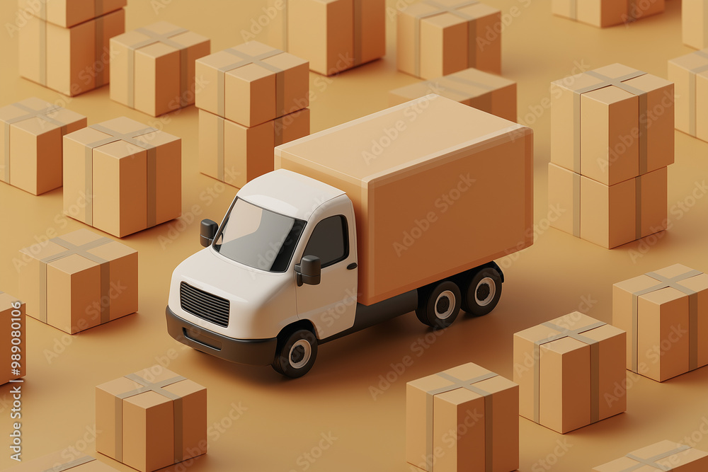 Delivery Truck Surrounded by Cardboard Boxes Delivery Truck Surrounded by Cardboard Boxes