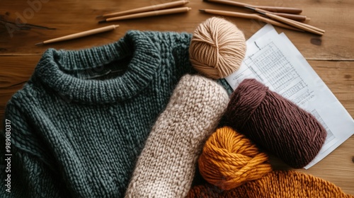 Gemütliches Strickprojekt in Arbeit: warmer Wollpullover und Garnauswahl für Handarbeitsbegeisterte photo