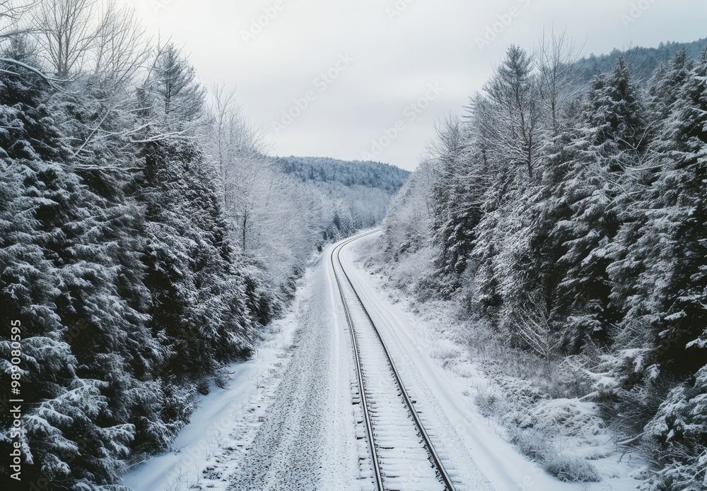 A peaceful snow-covered railway track winding through a forest of evergreen trees in winter. A peaceful snow-covered railway track winding through a forest of evergreen trees in winter.