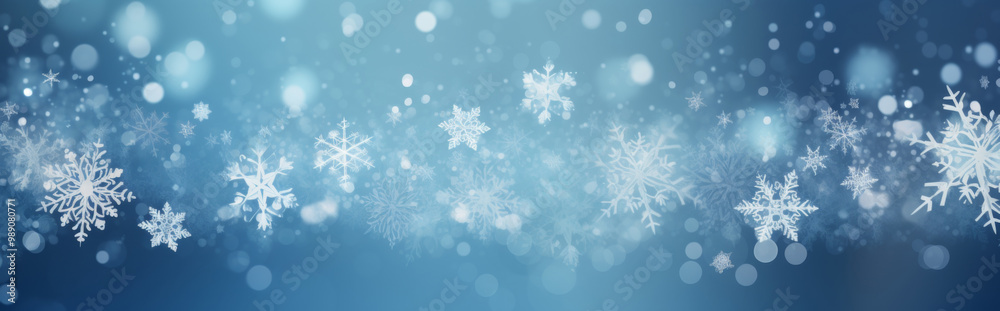 Snowflakes and bokeh lights creating a winter holiday banner background Snowflakes and bokeh lights creating a winter holiday banner background