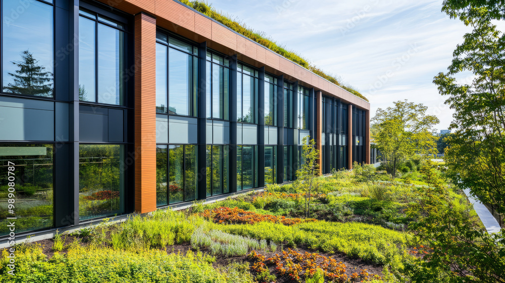 Fototapeta premium A sustainable office building with large windows, green roofs, and natural light