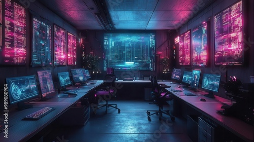 futuristic cyberpunk office with holographic displays neonlit workstations and floating data streams sleek design blends with vibrant tech overlay in blue and purple hues