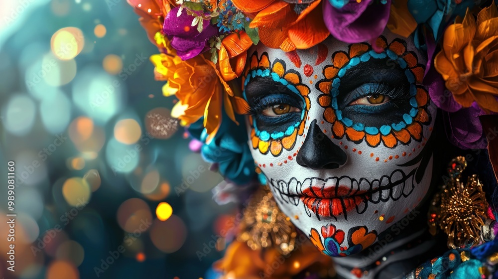 A vibrant celebration of Day of the Dead featuring colorful floral headdress and intricate sugar skull face paint. A vibrant celebration of Day of the Dead featuring colorful floral headdress and intricate sugar skull face paint.