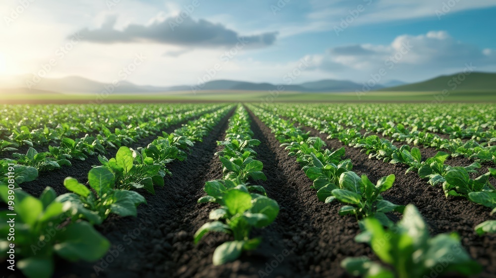 Organic farm with rows of fresh vegetables, farmer using sustainable methods, 3D illustration Organic farm with rows of fresh vegetables, farmer using sustainable methods, 3D illustration