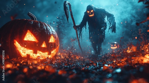 Spooky Halloween Scene with Scarecrow and Pumpkin photo