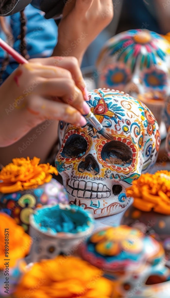 Fototapeta premium Artist Painting Colorful Sugar Skulls with Marigolds, Celebrating Day of the Dead - Ideal for Posters or Cards