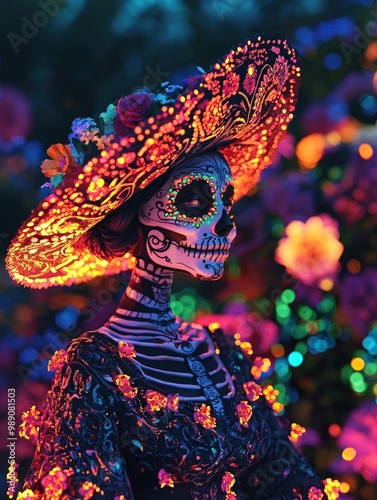 A vibrant, colorful depiction of a decorated skeleton wearing a sombrero, surrounded by flowers, celebrating the Day of the Dead.