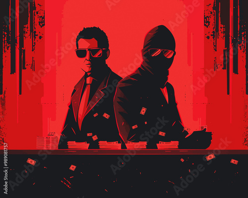 shady businessman next to a masked criminal, businessman, illustrating business, finance, scam, fraud, deal, money, crime