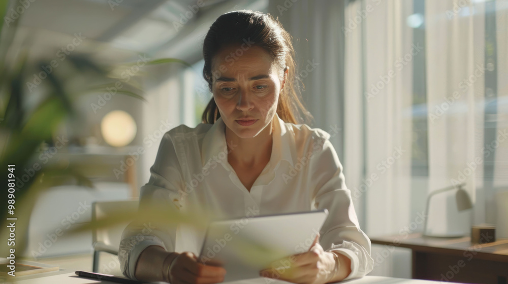 Fototapeta premium Focused woman reading document in bright office setting, surrounded by natural light and greenery. Her expression reflects concentration and determination